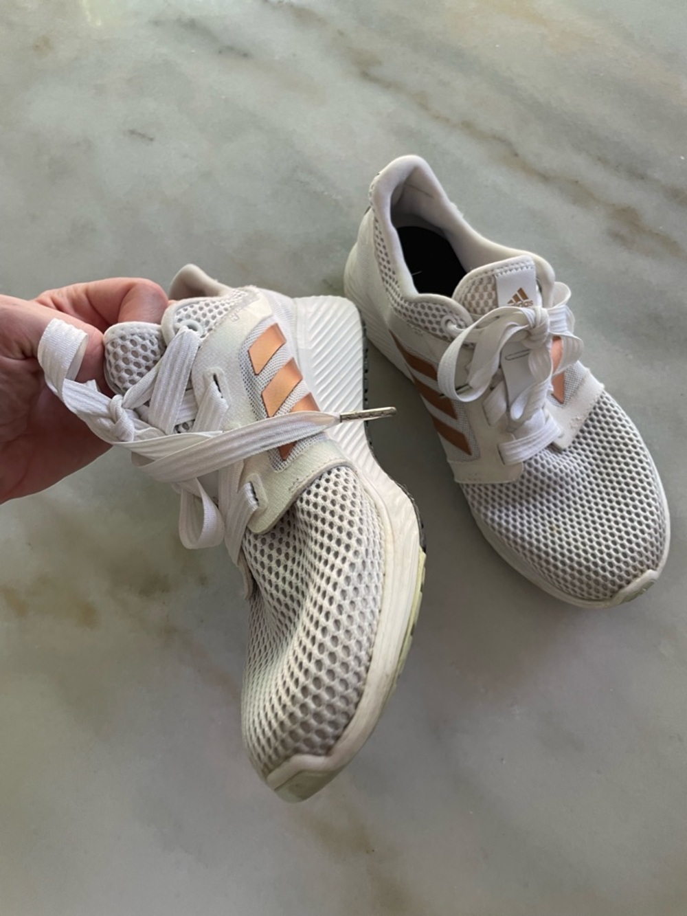 Adidas White Mesh Running Sneakers with Rose Gold Stripes size 9 - Picture 2 of 5